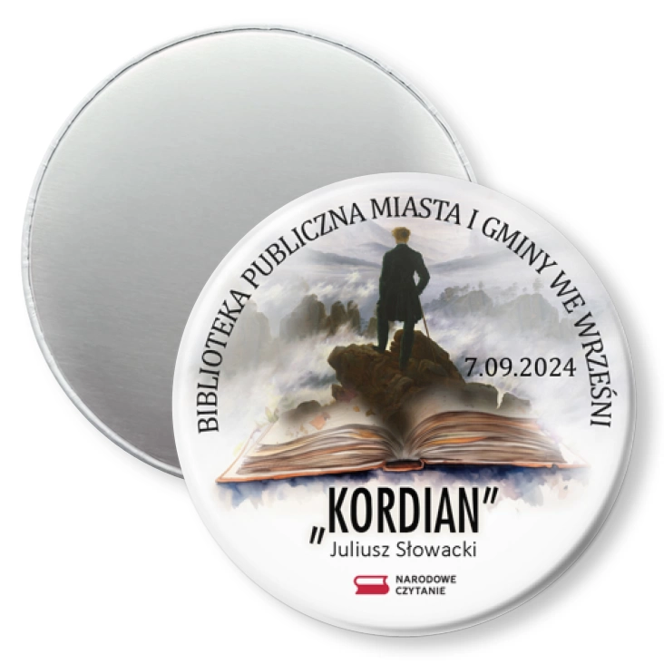 przypinka magnes Kordian 2024 Biblioteka Publiczna Miasta i Gminy we Wrześni