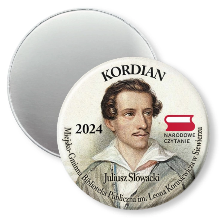 przypinka magnes Kordian 2024 Narodowe Czytanie Biblioteka w Siewierzu
