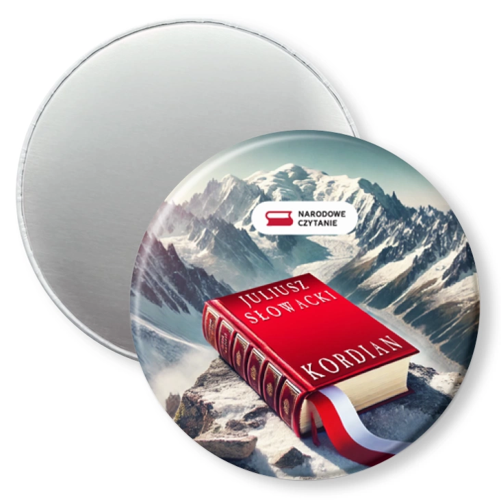 przypinka magnes Kordian książka na tle Mont Blanc