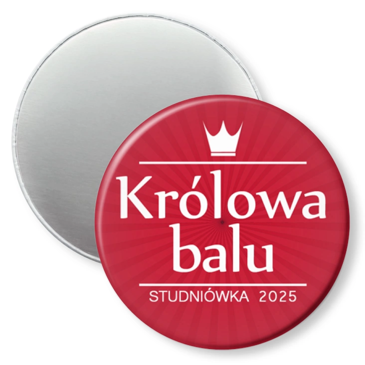 przypinka magnes Królowa Balu z białą koroną czerwona