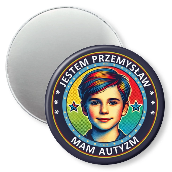 przypinka magnes Mam autyzm chłopiec z imieniem
