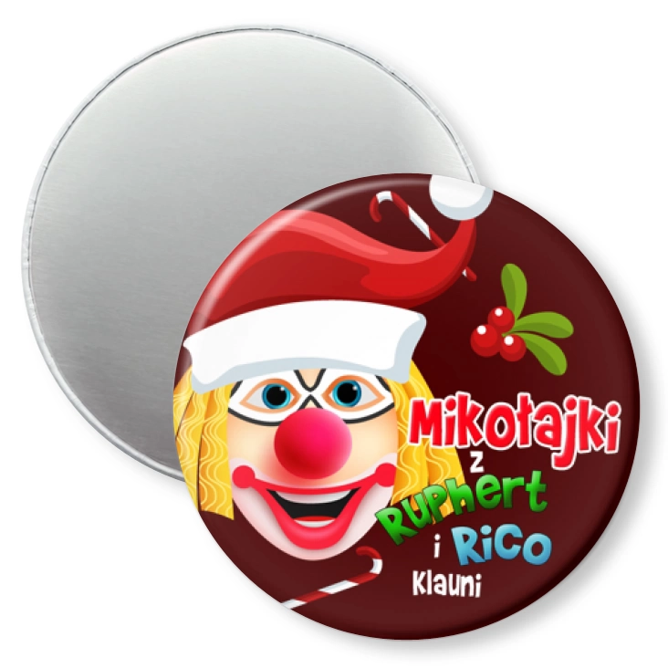 przypinka magnes Mikołajki z Ruphert i Rico Klauni na bordowym tle