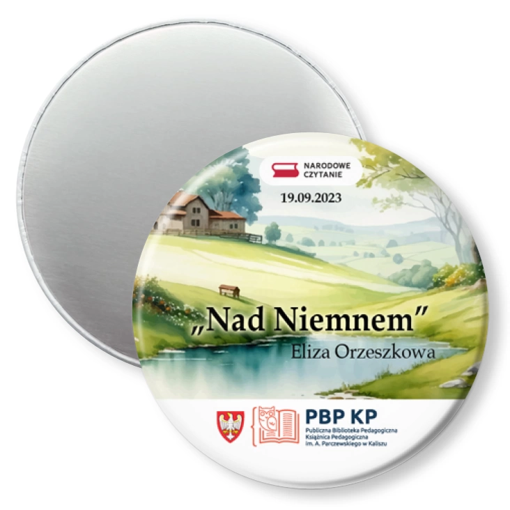 przypinka magnes Nad Niemnem Narodowe Czytanie Książnica Pedagogiczna Kalisz