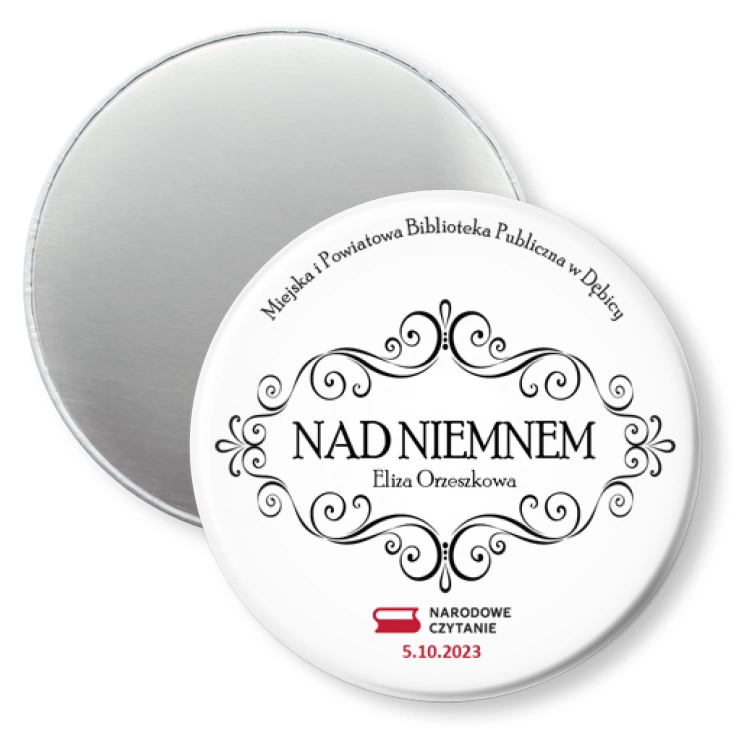 przypinka magnes Narodowe Czytanie 2023 w Bibliotece w Dębicy