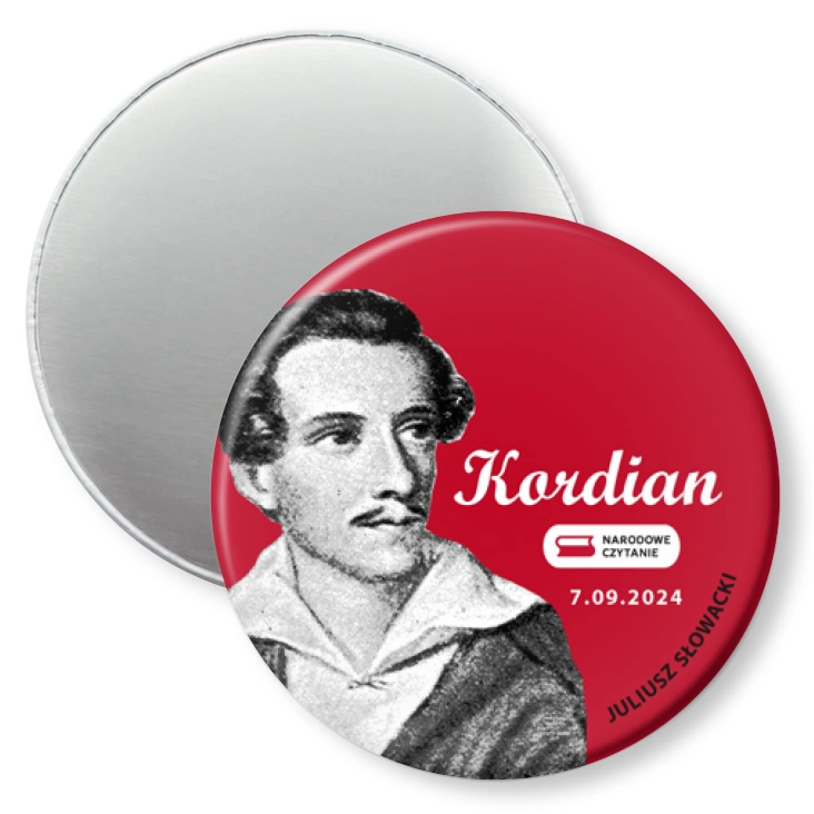 przypinka magnes Narodowe czytanie Kordian Juliusz Słowacki na czerwonym tle