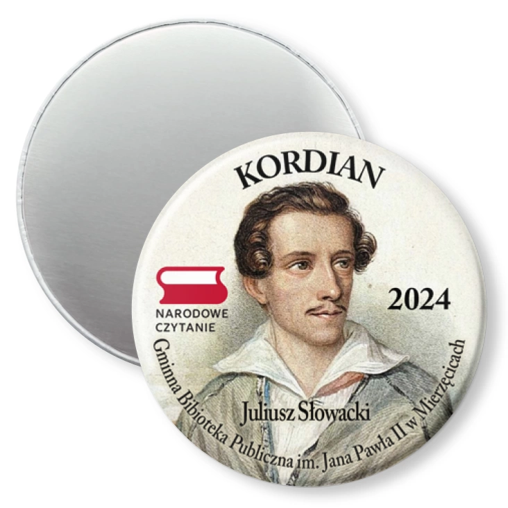 przypinka magnes Narodowe Czytanie Mierzęcice Gminna Biblioteka Publiczna Kordian