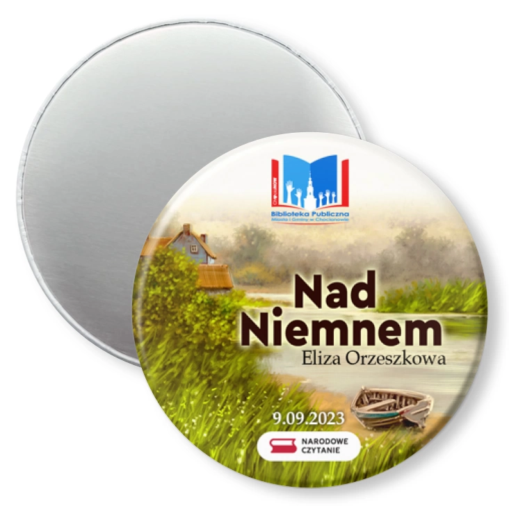 przypinka magnes Narodowe Czytanie Nad Niemnem Biblioteka w Chocianowie