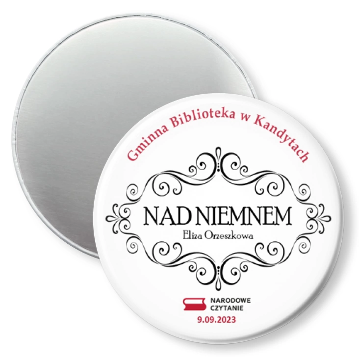 przypinka magnes Narodowe Czytanie Nad Niemnem Gminna Biblioteka w Kandytach