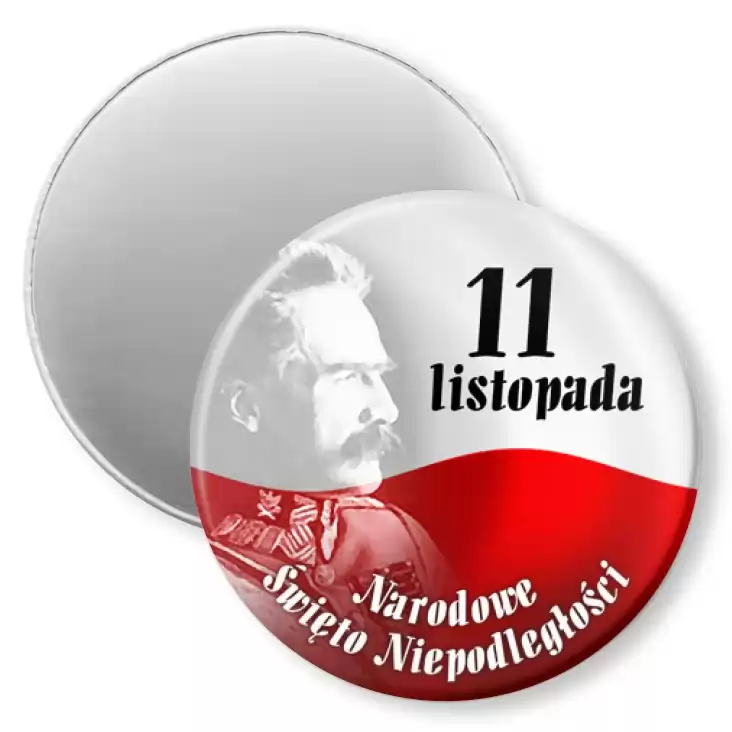 przypinka magnes Narodowe Święto Niepodległości Piłsudski na tle flagi