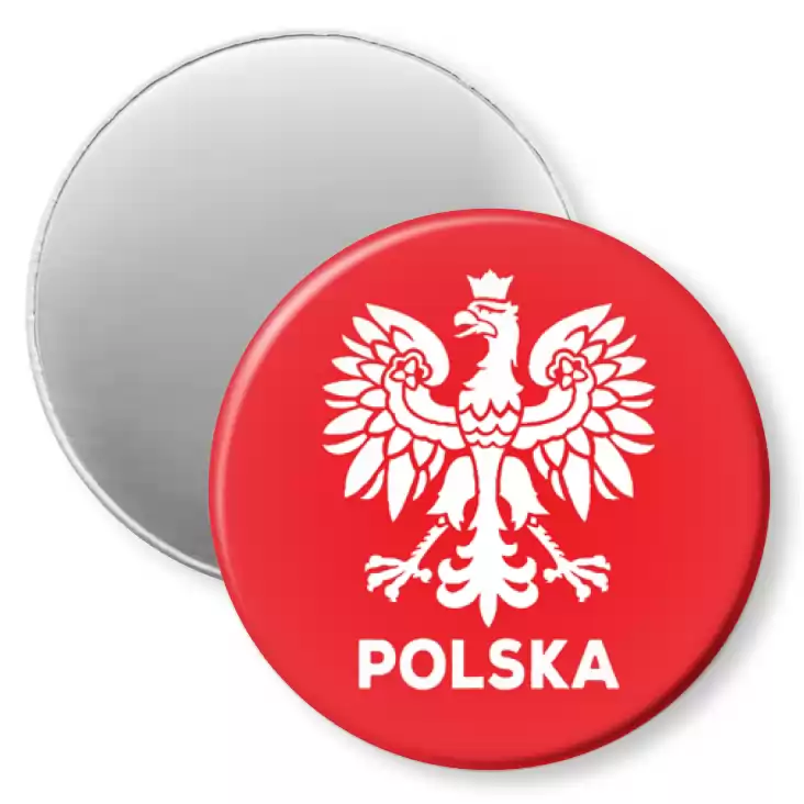 przypinka magnes Orzeł i napis Polska na czerwonym tle