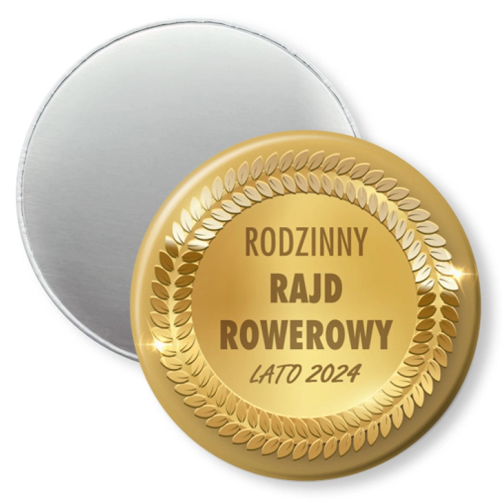 przypinka magnes Rodzinny Rajd Rowerowy na złotym tle