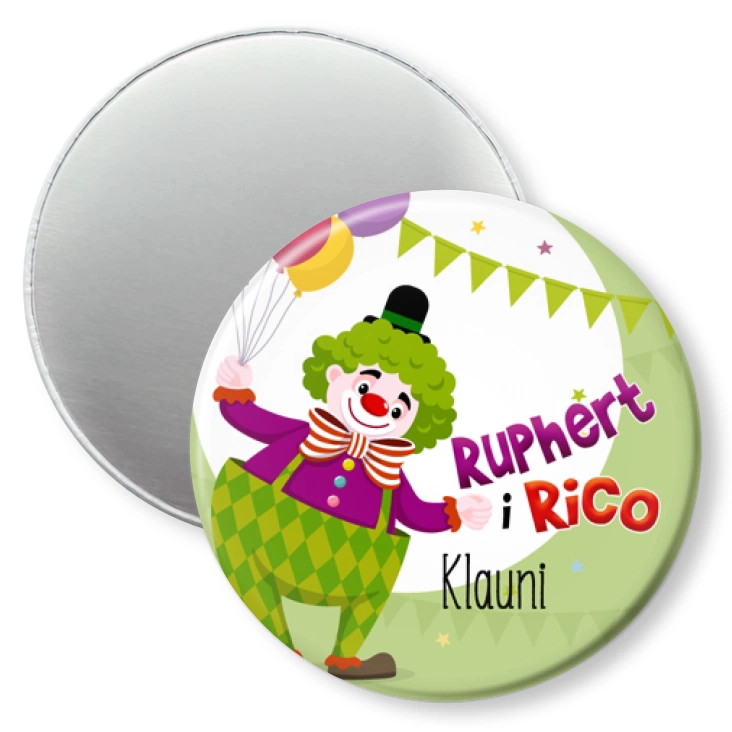 przypinka magnes Ruphert i Rico Klauni na miętowym tle