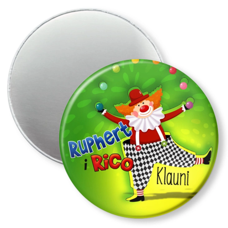 przypinka magnes Ruphert i Rico Klauni na zielonym tle