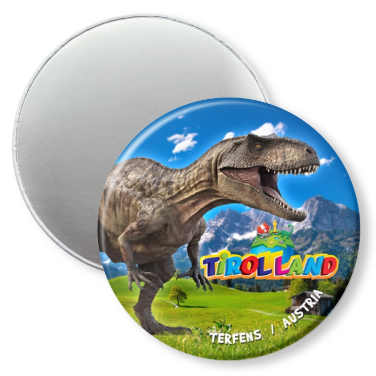 przypinka magnes Tirolland Tyranozaur na tle gór