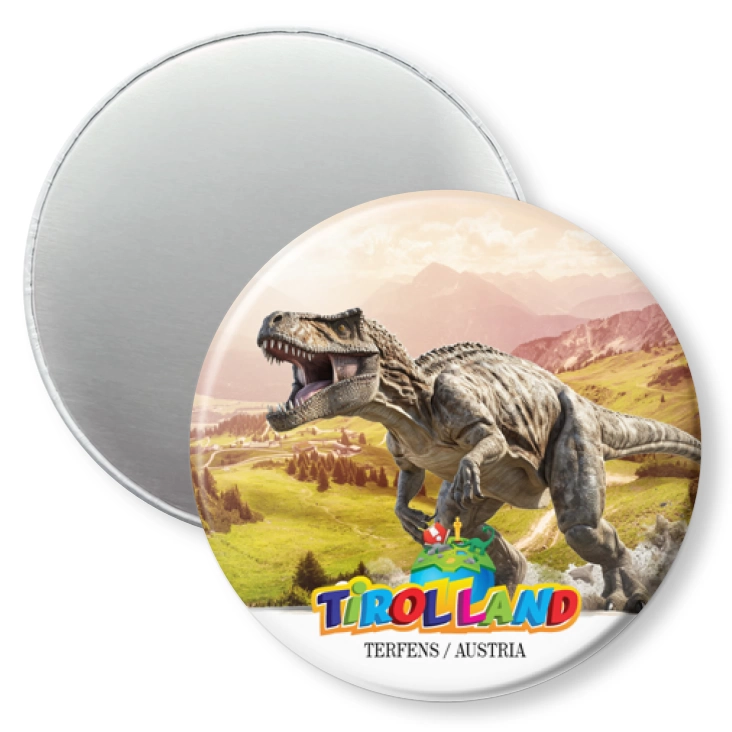 przypinka magnes Tyranozaur na tle Alp Tirolland