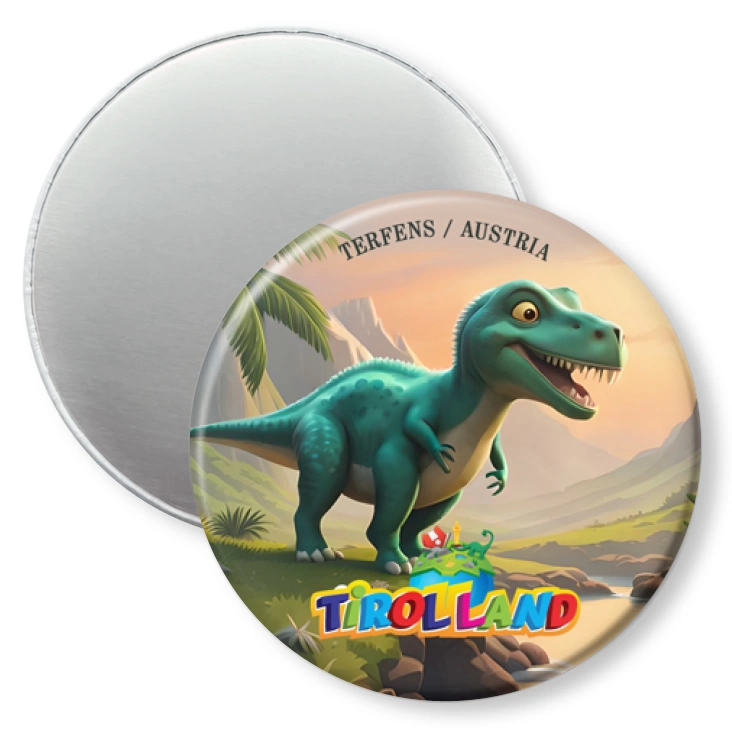 przypinka magnes Zielony tyranozaur na tle gór Tirolland