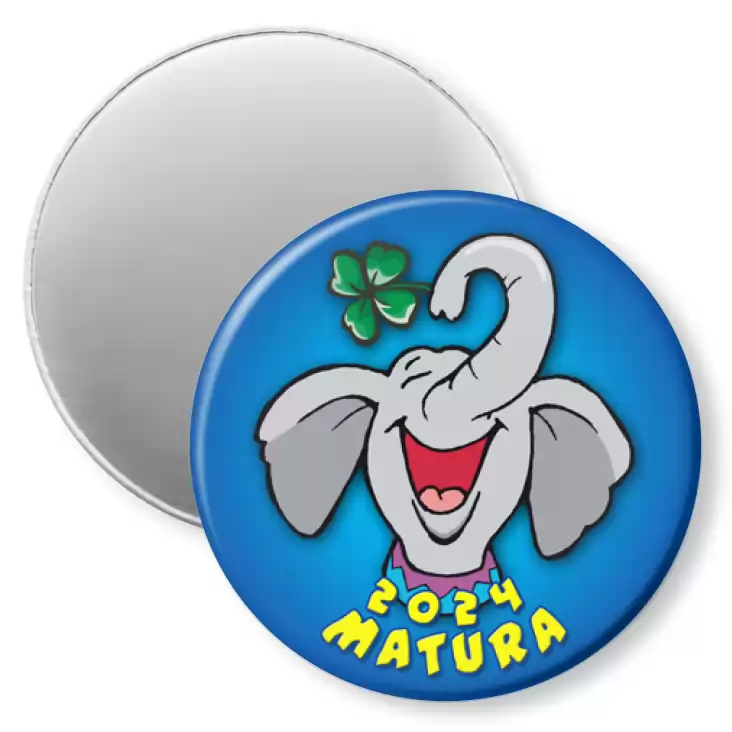 przypinka magnes Matura uśmiechnięty słoń z koniczynką