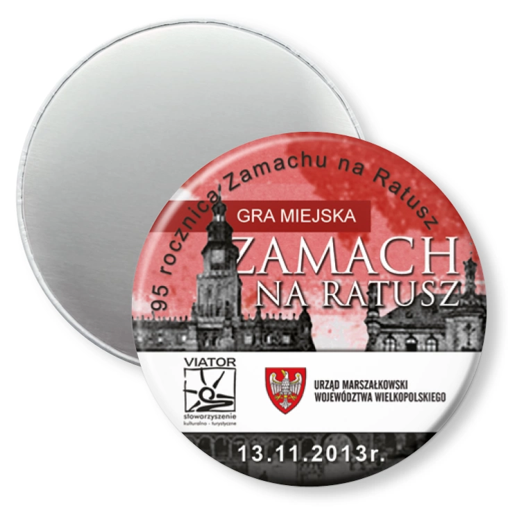 przypinka magnes Gra Miejska - Zamach na Ratusz