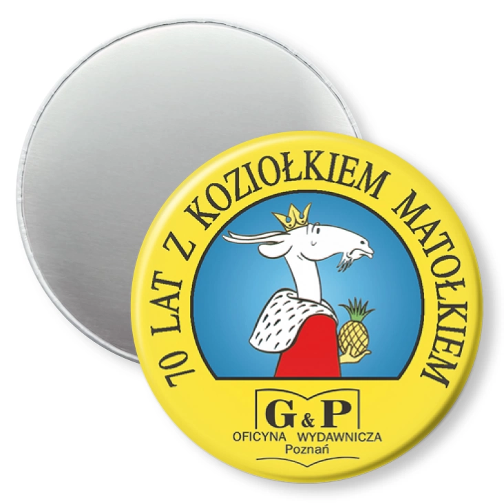 przypinka magnes 70 lat z Koziołkiem Matołkiem
