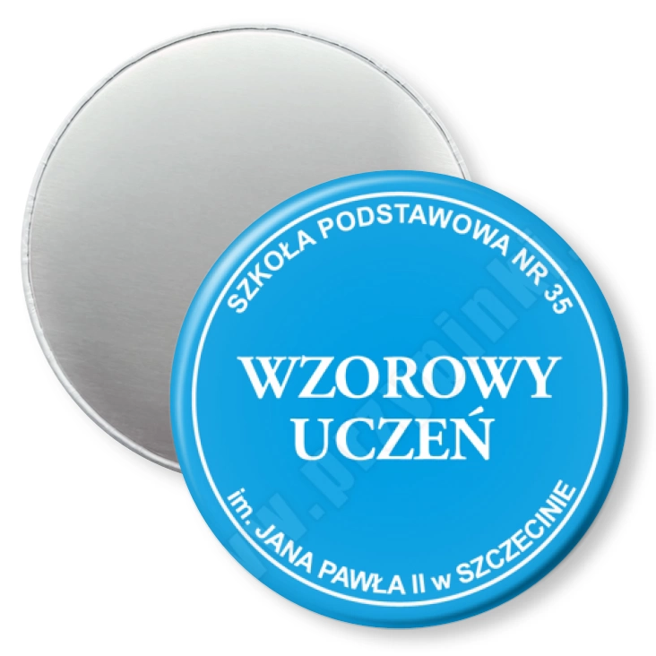 przypinka magnes Wzorowy Uczeń SP35 Szczecin - niebieski