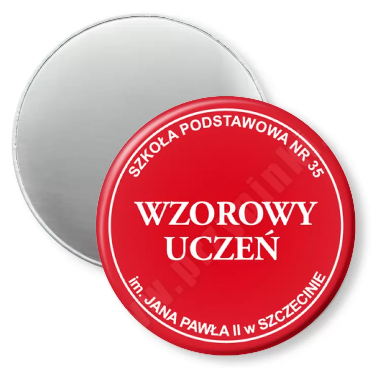 przypinka magnes Wzorowy Uczeń SP35 Szczecin - czerwony