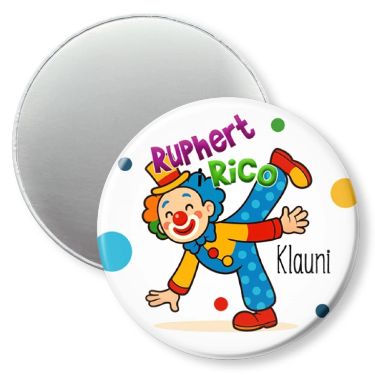 przypinka magnes Ruphert i Rico Klauni na białym tle