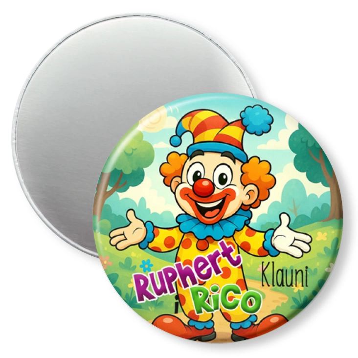 przypinka magnes Ruphert i Rico Klauni w lesie