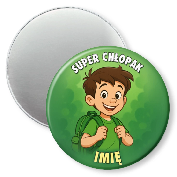przypinka magnes Super chłopak na zielonym tle