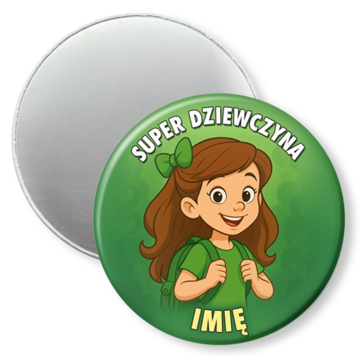 przypinka magnes Super dziewczyna na zielonym tle