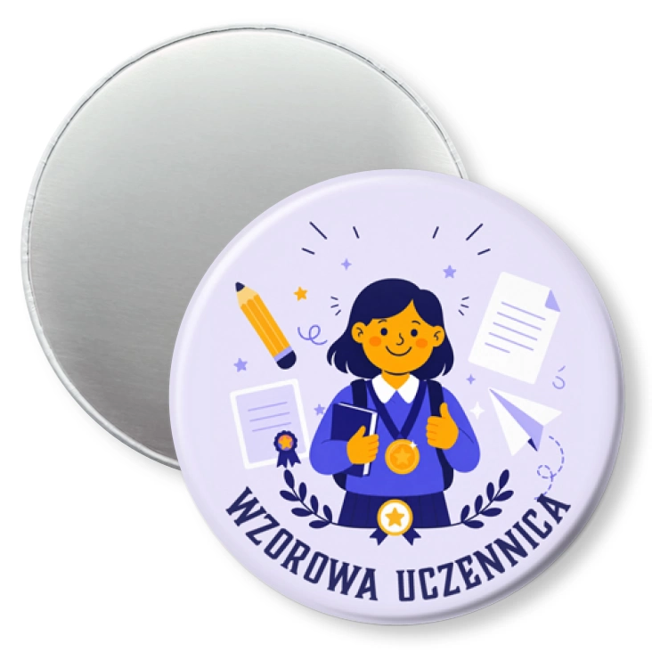 przypinka magnes Wzorowa uczennica na lawendowym tle