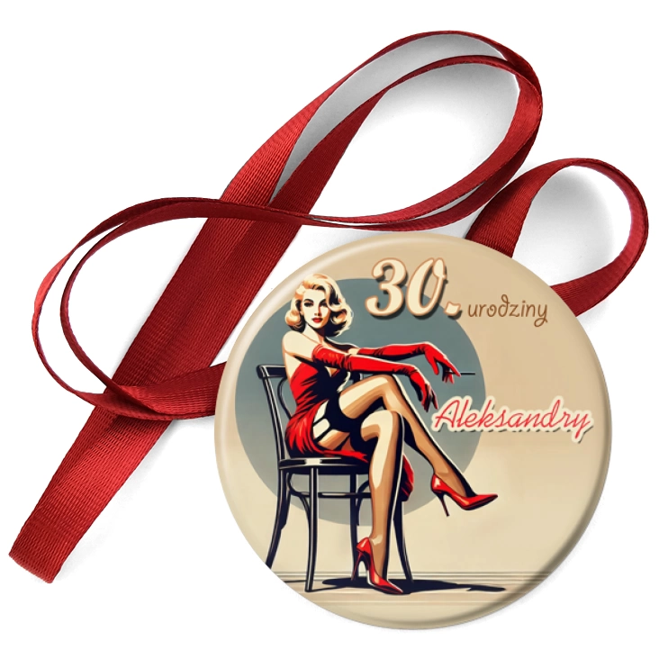 przypinka medal 30. Urodziny czerwona suknia z podwiązką