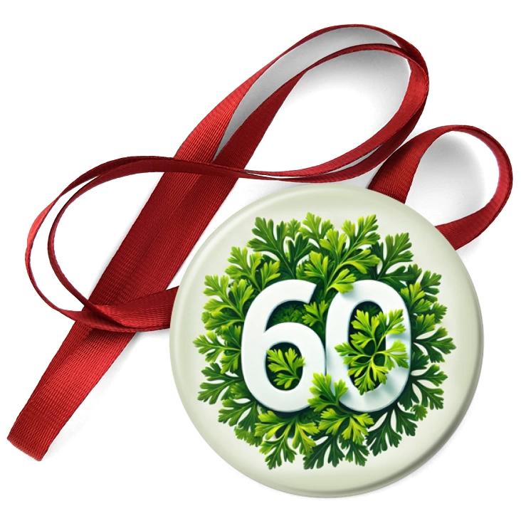 przypinka medal 60 urodziny na tle zielonej pietruszki