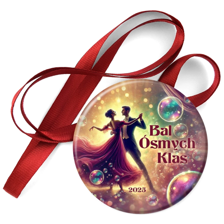 przypinka medal Bal Ósmoklasisty bordowa para z bańkami mydlanymi