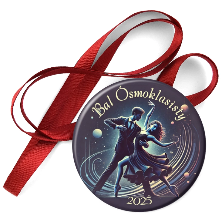 przypinka medal Bal ósmoklasisty ciemny nastrój i para tańcząca z bąbelkami