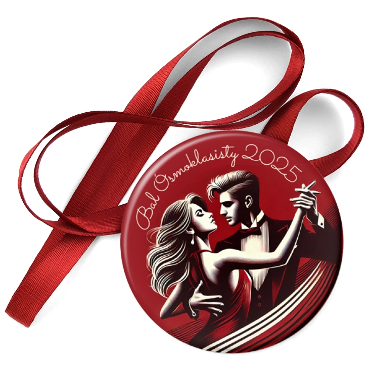 przypinka medal Bal ósmoklasisty para z muszkami na czerwonym tle