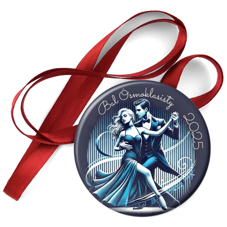 przypinka medal Bal ósmoklasisty para z muszkami niebieskie tło