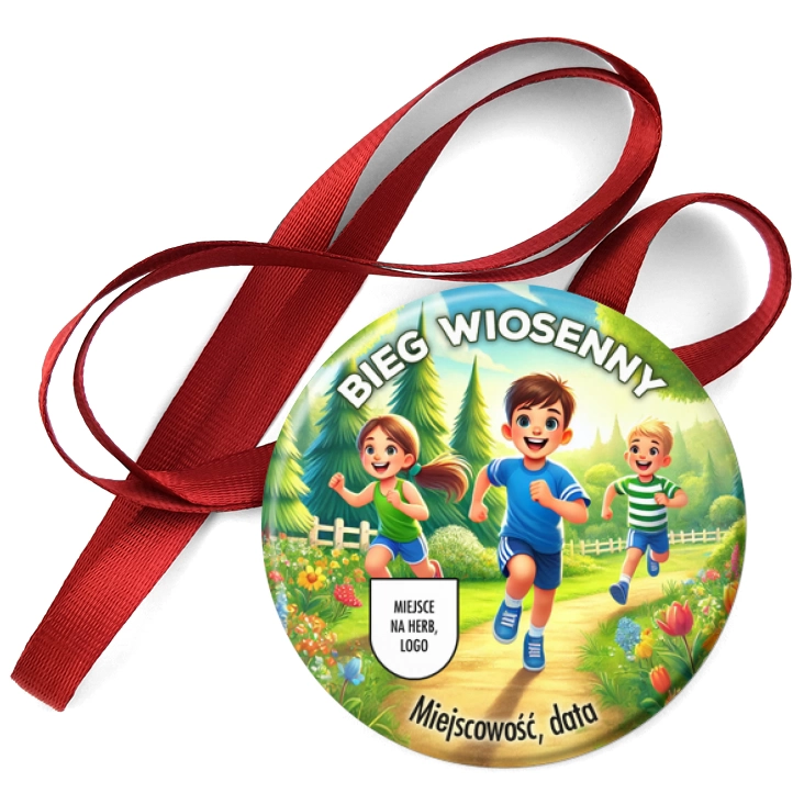 przypinka medal Bieg wiosenny dzieci na leśnej ścieżce