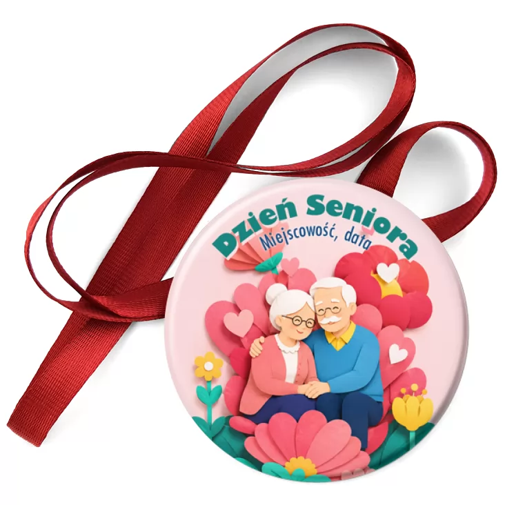 przypinka medal Dzień Seniora para seniorów w kwiatach