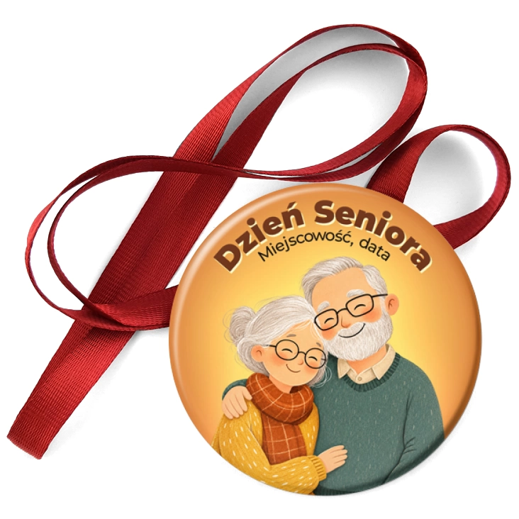 przypinka medal Dzień Seniora uśmiechnięta para seniorów