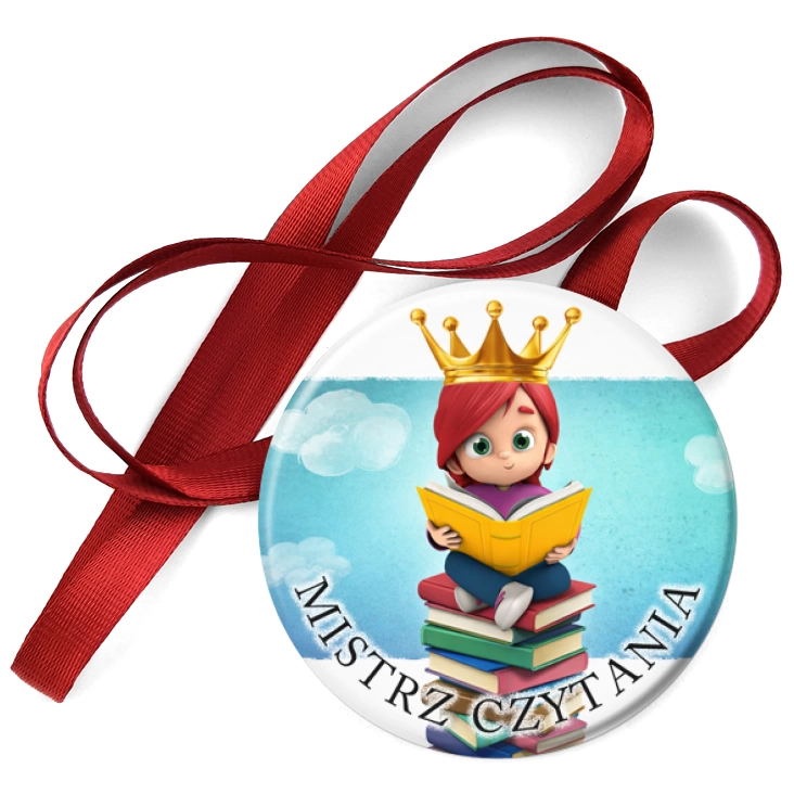 przypinka medal Mistrz czytania na wieży z książek