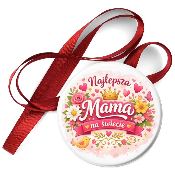 przypinka medal Najlepsza Mama na świecie z kwiatami