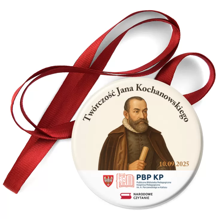 przypinka medal Narodowe czytanie Biblioteka Kalisz 2025