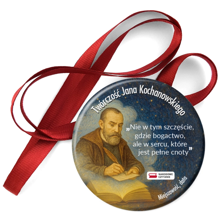 przypinka medal Narodowe Czytanie Jan Kochanowski na granatowym tle