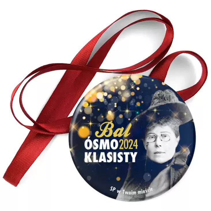 przypinka medal Bal Ósmoklasisty Maria Konopnicka na granatowym tle