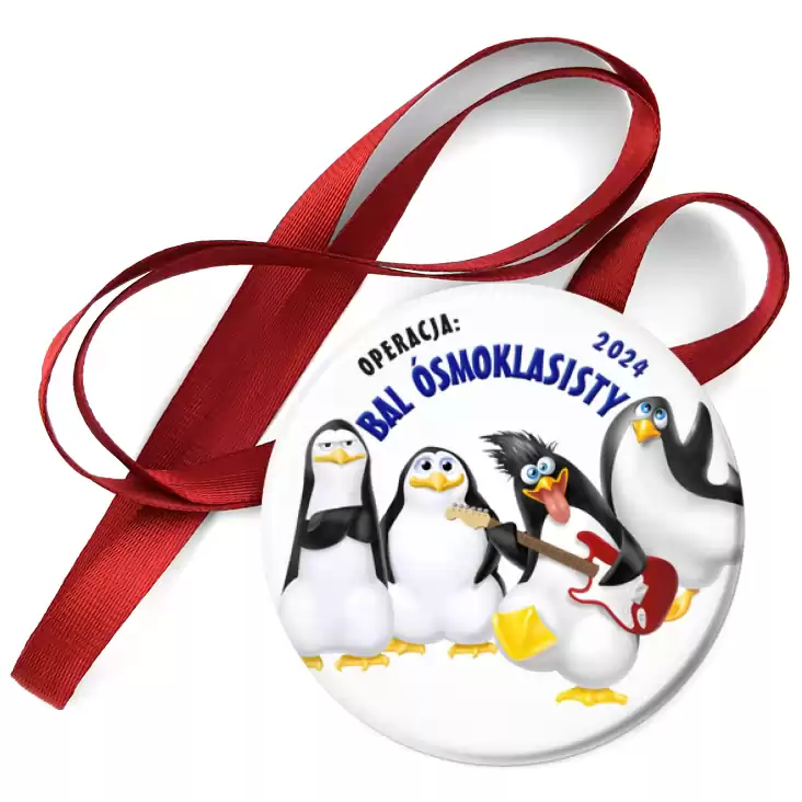przypinka medal Bal Ósmoklasisty pingwiny i gitara