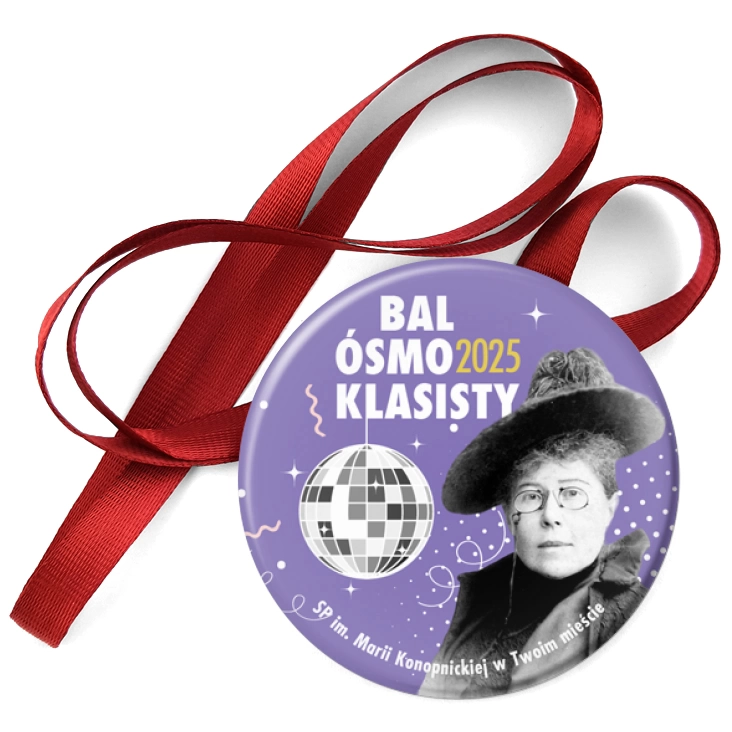 przypinka medal Bal Ósmoklasisty z Marią Konopnicką