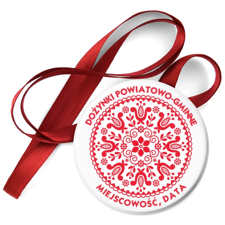 przypinka medal Dożynki czerwony wzór ludowy wycinanka