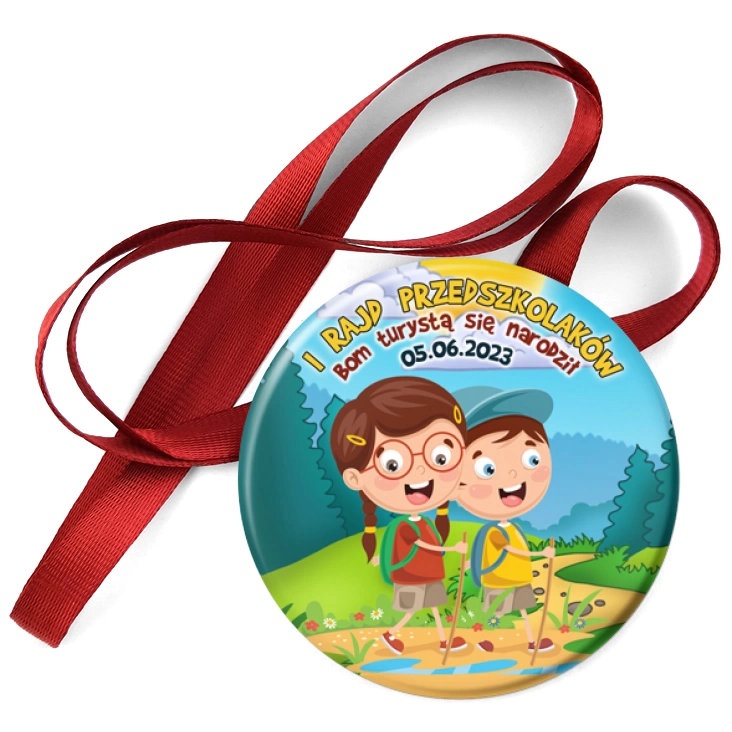 przypinka medal I Rajd Przedszkolaków Bom turystą się narodził