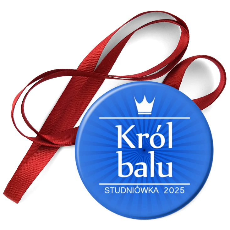 przypinka medal Król Balu z białą koroną niebieski