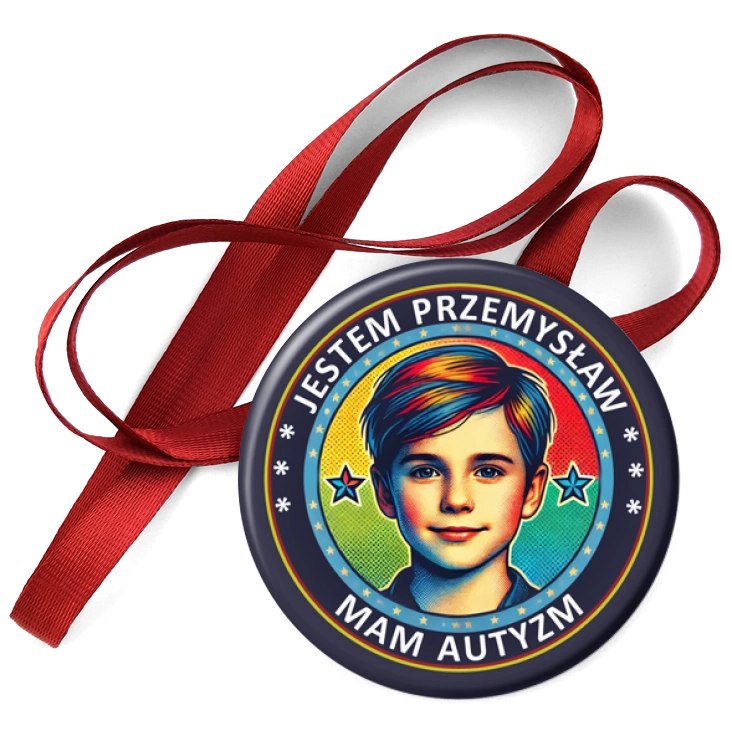 przypinka medal Mam autyzm chłopiec z imieniem